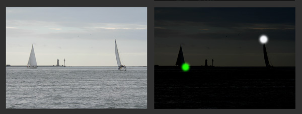 Two sailing vessels under 20m, vessel on left with low level lights, vessel on right showing combined lantern
