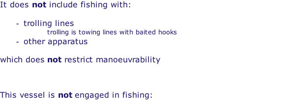 It does not include fishing with:  trolling lines trolling is towing lines with baited hooks other apparatus  which does not restrict manoeuvrability    This vessel is not engaged in fishing: