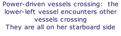 Power-driven vessels crossing:  the lower-left vessel encounters other vessels crossing They are all on her starboard side