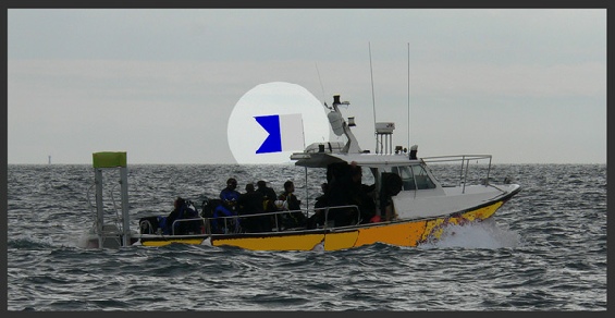 A small vessel engaged in diving operations showing flag A