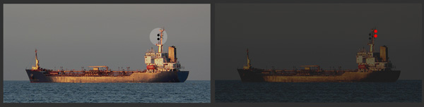 A merchant vessel showing the signals for a vessel not under command